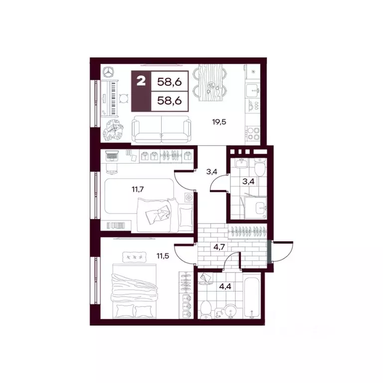 2-к кв. Тюменская область, Тюменский муниципальный округ, д. Дударева ... - Фото 1