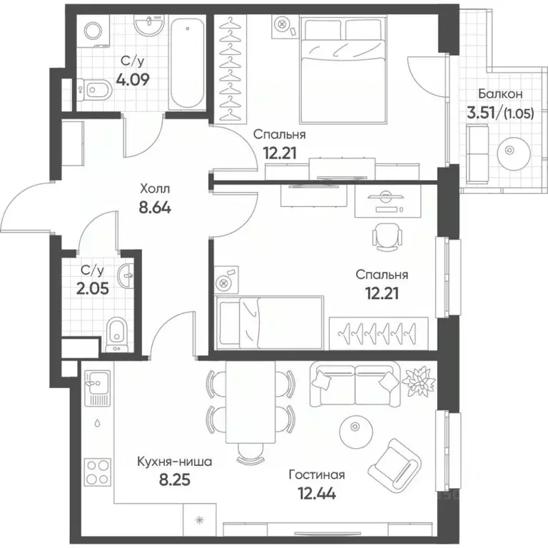 3-к кв. Татарстан, Казань Квартал Сюита жилой комплекс (60.94 м) - Фото 1