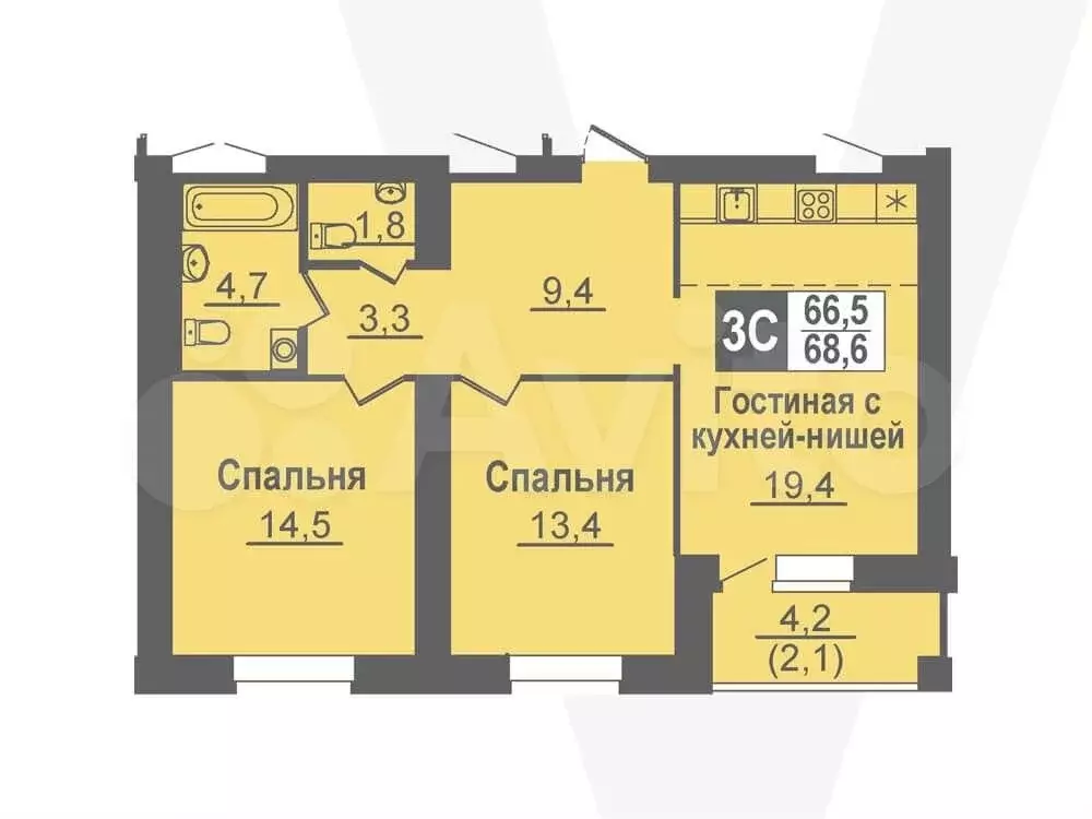 3-к. квартира, 68,6 м, 4/14 эт. - Фото 0