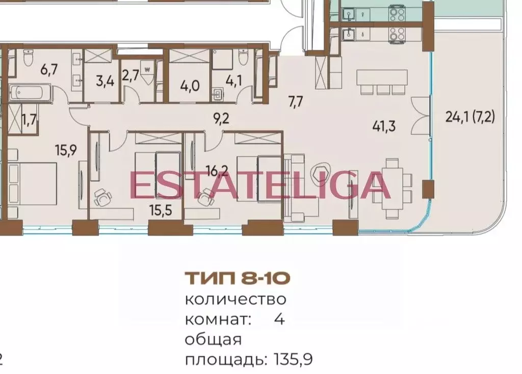 3-к кв. Москва 2-й кв-л, Остров жилой комплекс (140.0 м) - Фото 2