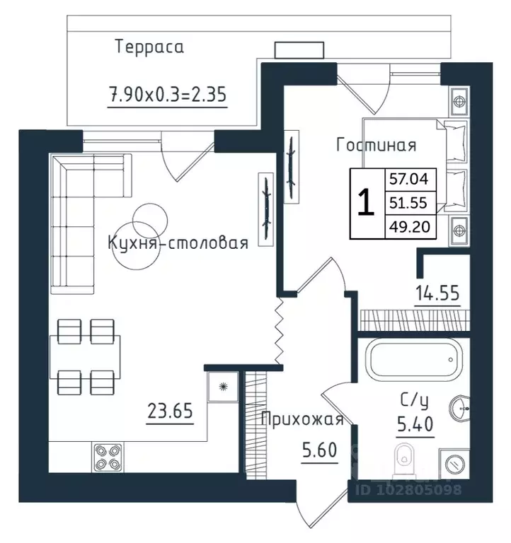 2-к кв. Калининградская область, Янтарный пгт  (57.04 м) - Фото 0