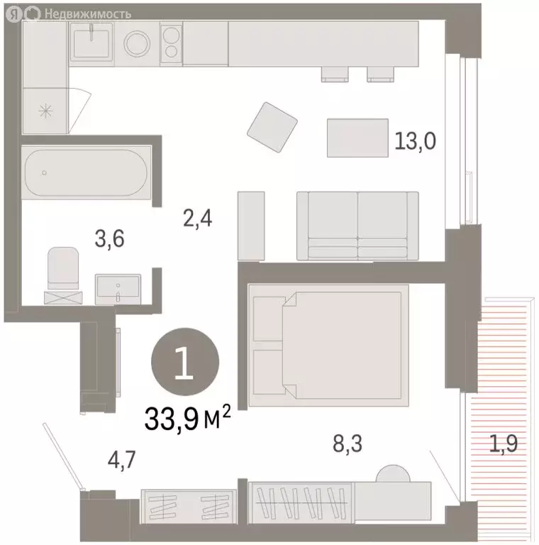 1-комнатная квартира: Тюмень, жилой комплекс Зарека (33.86 м) - Фото 1