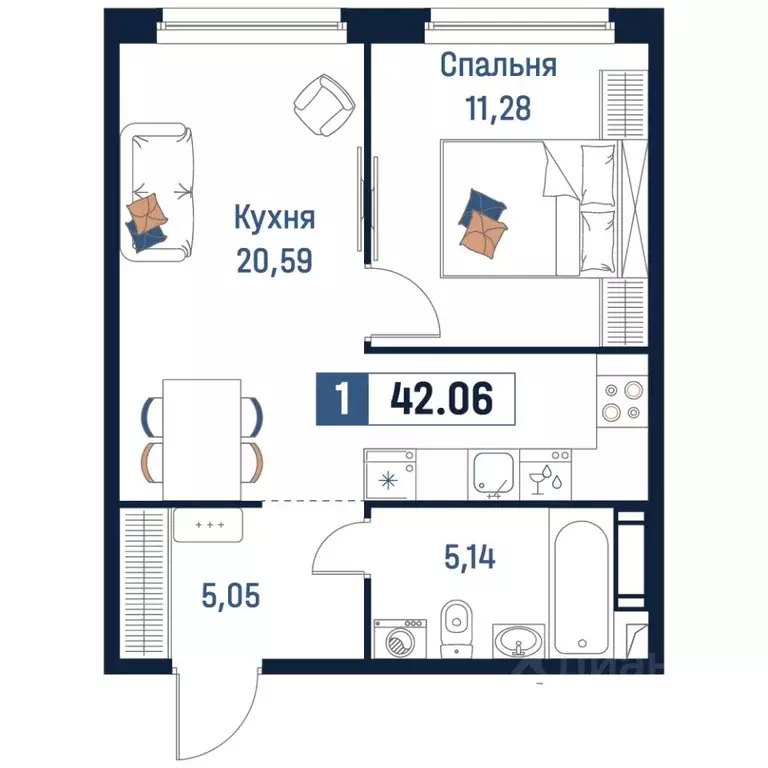 1-к кв. Ленинградская область, Мурино Всеволожский район,  (42.06 м) - Фото 0