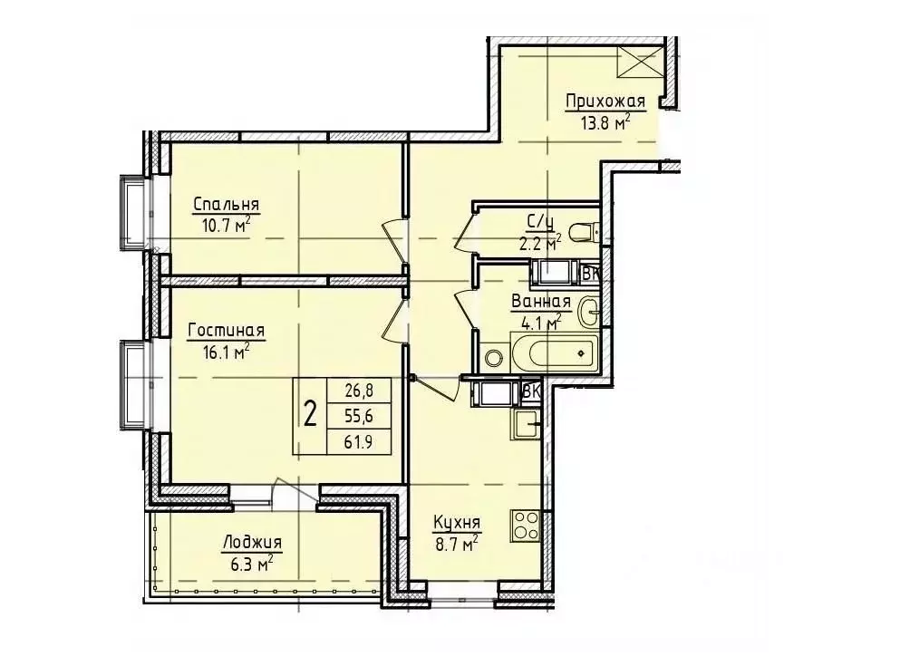 2-к кв. Московская область, Щелково пер. 1-й Советский, 20 (61.9 м) - Фото 1