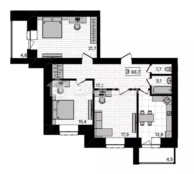 3-комнатная квартира: село Чигири, Красивая улица, 23А (93.8 м) - Фото 1