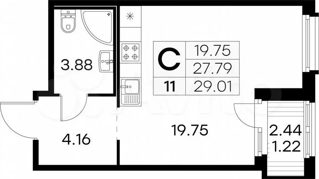 Квартира-студия, 29м, 2/15эт. - Фото 0