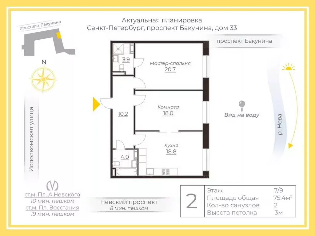 2-к кв. Санкт-Петербург просп. Бакунина, 33 (75.4 м) - Фото 2