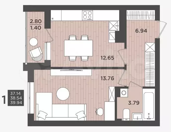 1-к. квартира, 38,5м, 1/9эт. - Фото 1