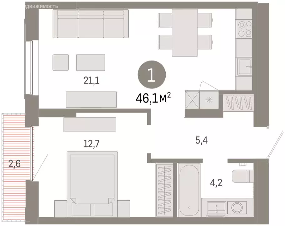 2-комнатная квартира: Тюмень, Краснооктябрьская улица, 4к2 (45.7 м) - Фото 2