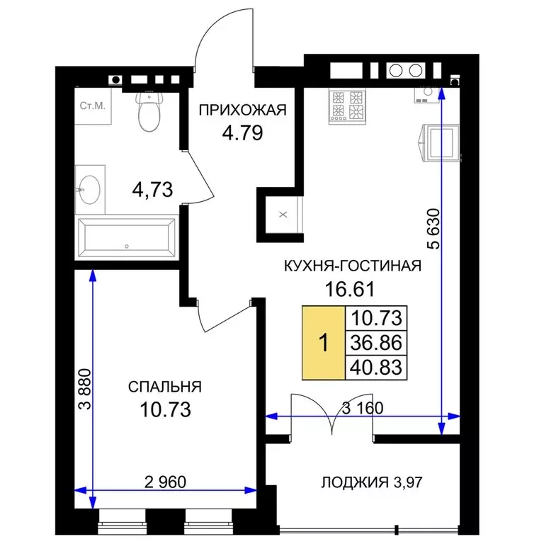 1-комнатная квартира: Гурьевск, жилой комплекс Включи (40.83 м) - Фото 0