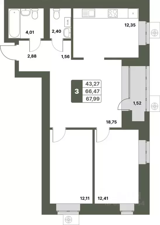 3-к кв. Башкортостан, Уфимский район, с. Миловка  (67.99 м) - Фото 1