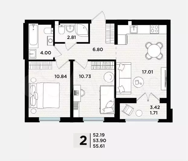 2-к. квартира, 55,6 м, 1/5 эт. - Фото 1