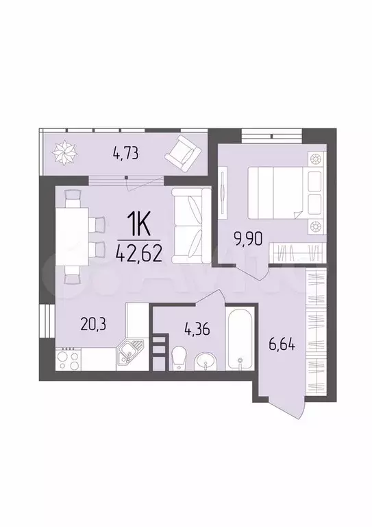 1-к. квартира, 42,6 м, 6/9 эт. - Фото 0