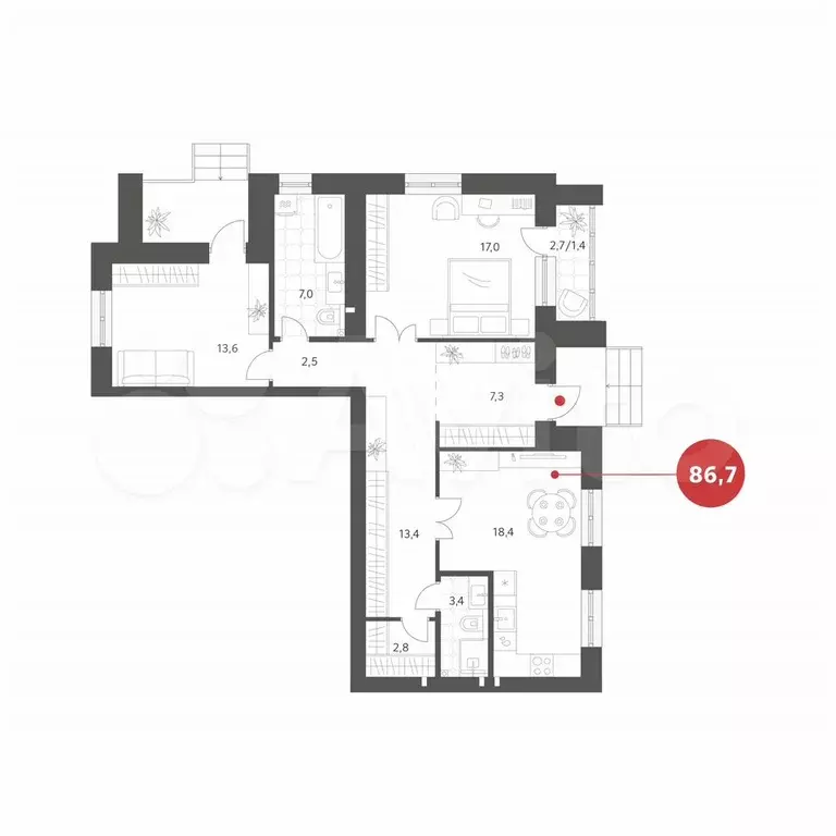 2-к. квартира, 86,7 м, 1/4 эт. - Фото 0
