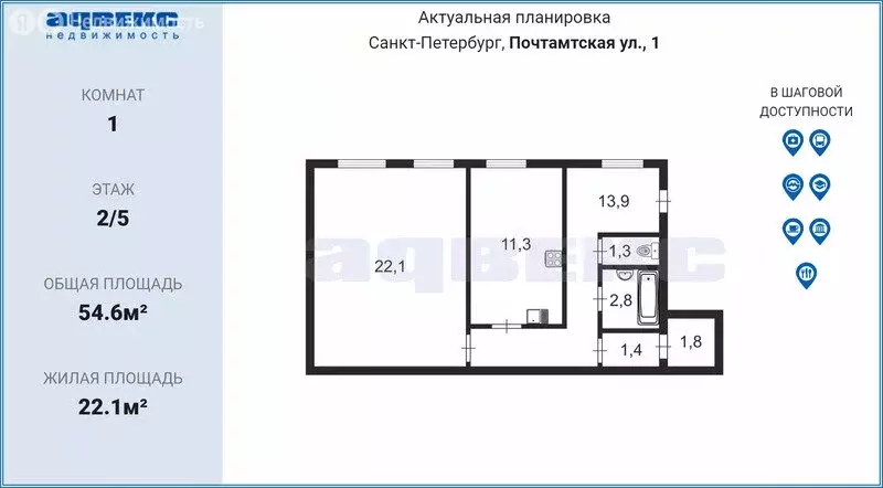 1-комнатная квартира: Санкт-Петербург, Почтамтская улица, 1 (54.6 м) - Фото 1