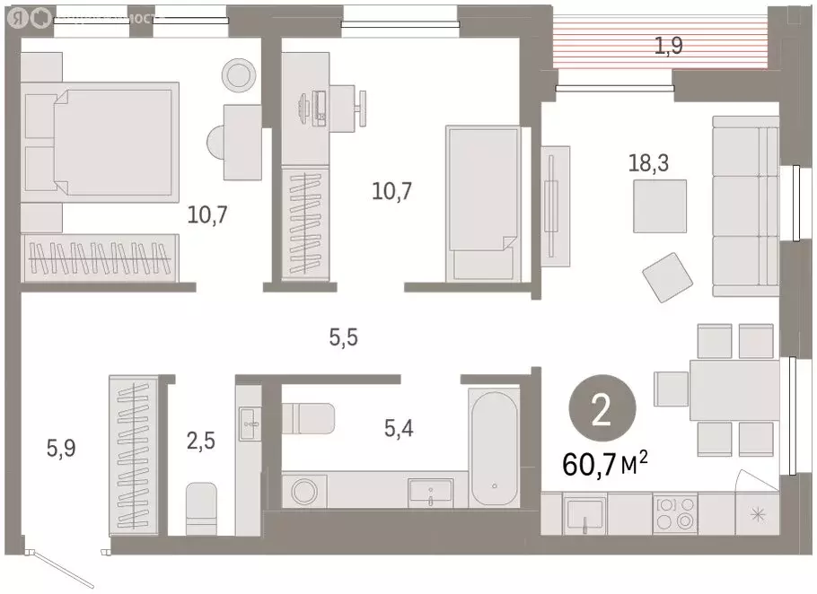 3-комнатная квартира: Тюмень, улица Республики, 205к1 (60.7 м) - Фото 1