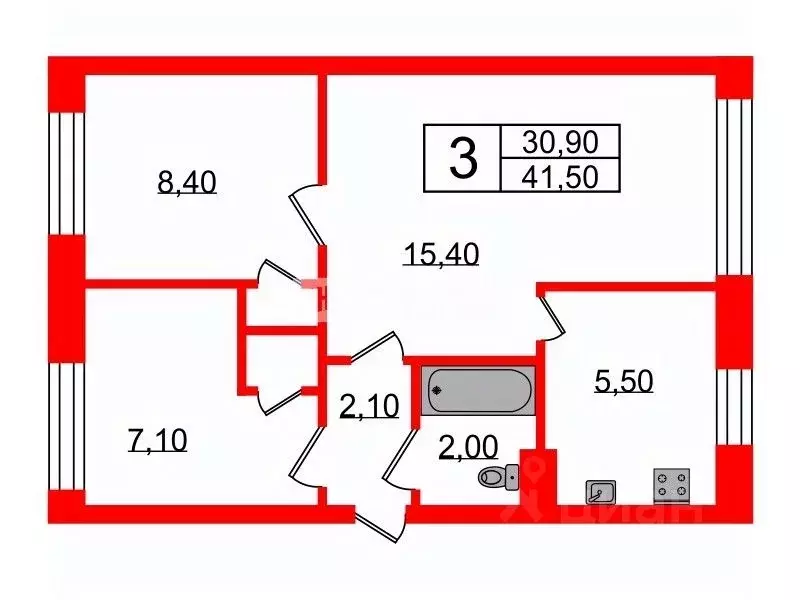 3-к кв. Санкт-Петербург ул. Червонного Казачества, 32 (41.5 м) - Фото 1