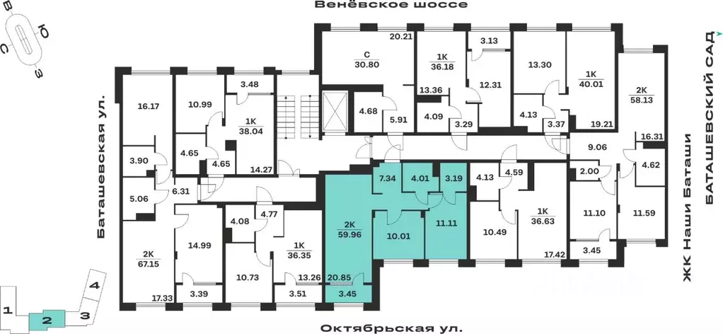 2-к кв. Тульская область, Тула Баташи Парк жилой комплекс (59.96 м) - Фото 2