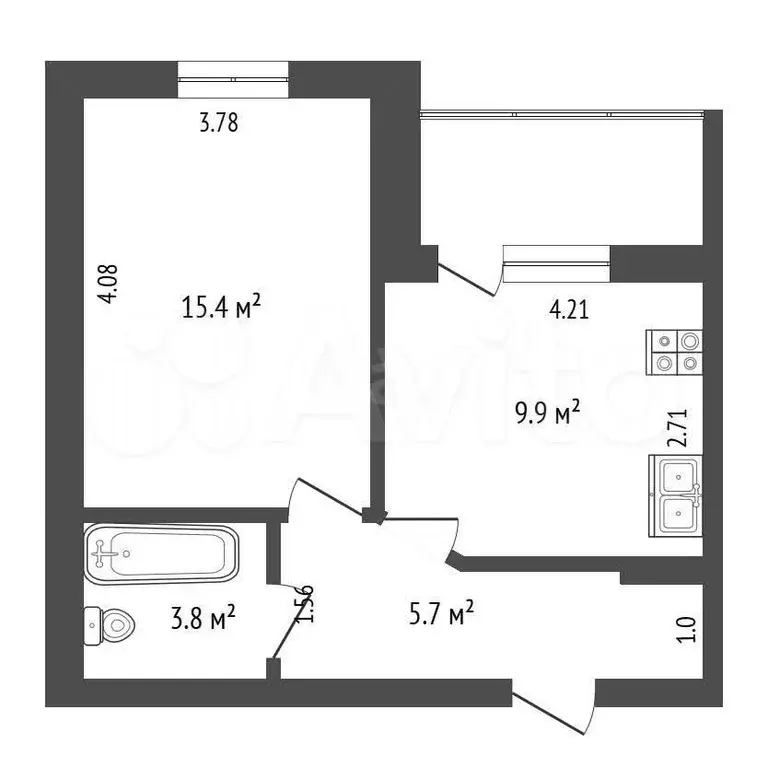 1-к. квартира, 34,8 м, 1/3 эт. - Фото 0