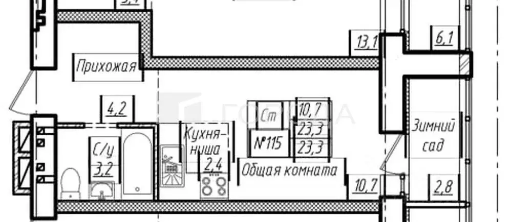 Студия Алтайский край, Барнаул ул. Смирнова, 94А (23.3 м) - Фото 1
