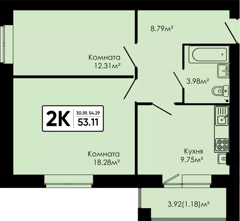 2-к квартира, 53.11 м - Фото 0