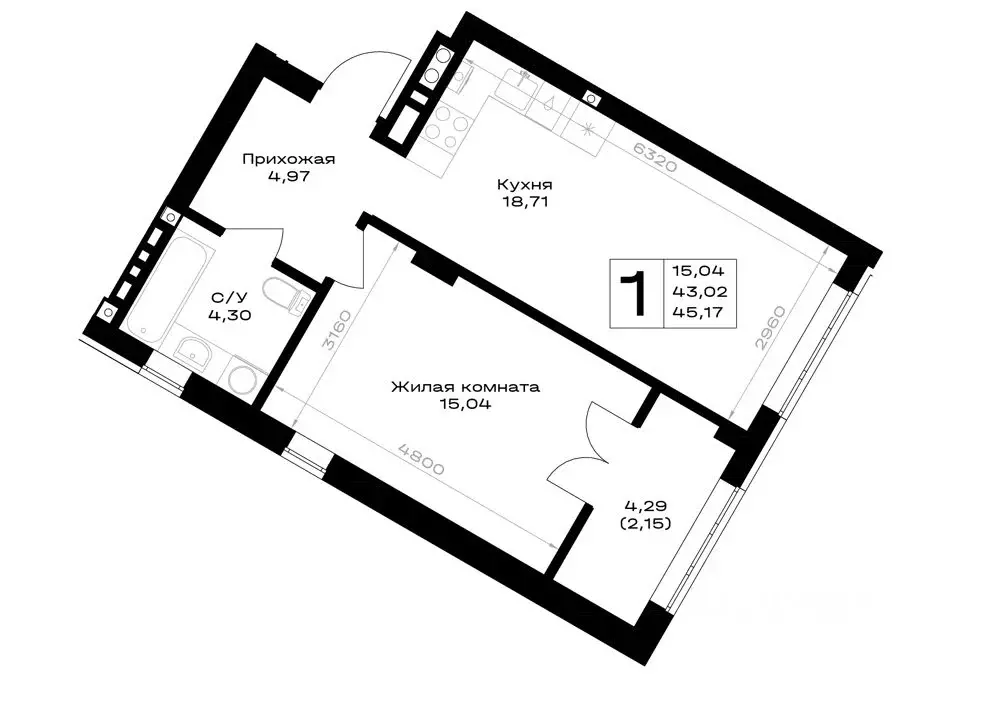 1-к кв. Калининградская область, Гурьевск Включи жилой комплекс (45.17 ... - Фото 1