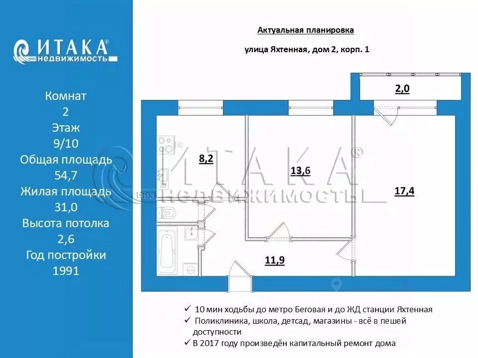 2-к кв. Санкт-Петербург Яхтенная ул., 2К1 (54.7 м) - Фото 1