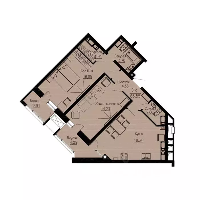 2-к кв. Ставропольский край, Пятигорск Скачки мкр,  (68.55 м) - Фото 1