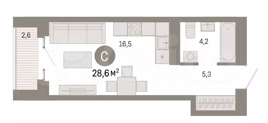 Квартира-студия, 28,6м, 14/31эт. - Фото 1