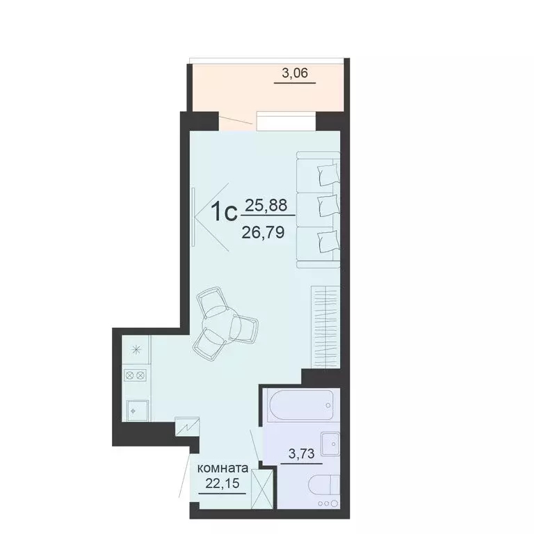 1-комнатная квартира: Воронеж, улица Богдана Хмельницкого, 53А (26.79 ... - Фото 1