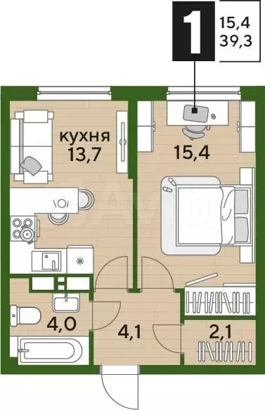 1-к. квартира, 39,3 м, 10/16 эт. - Фото 1