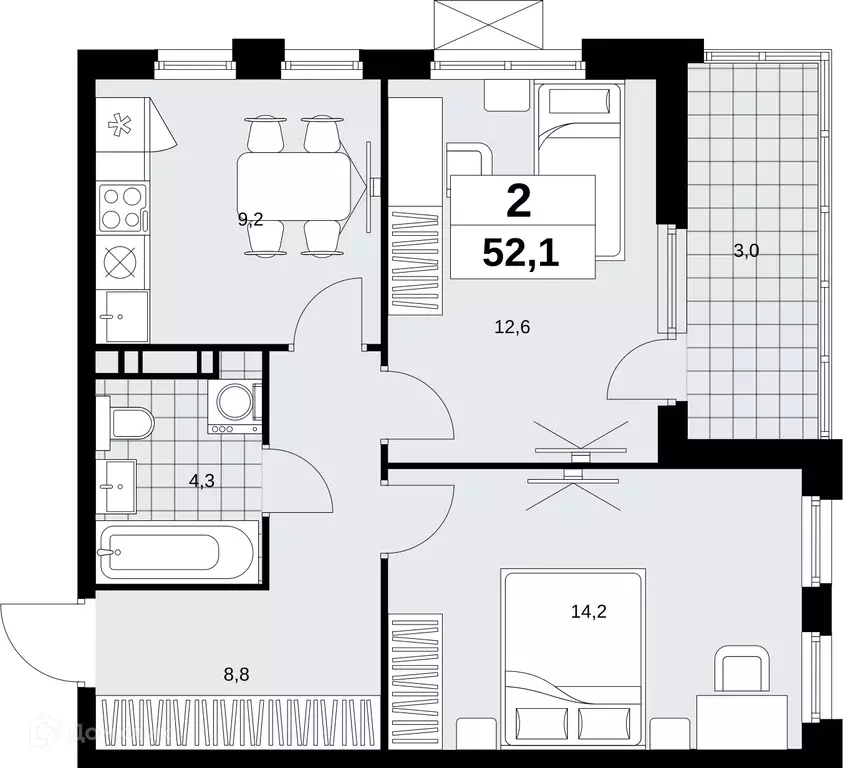Продаётся 2-к квартира, 52.1 м - Фото 1