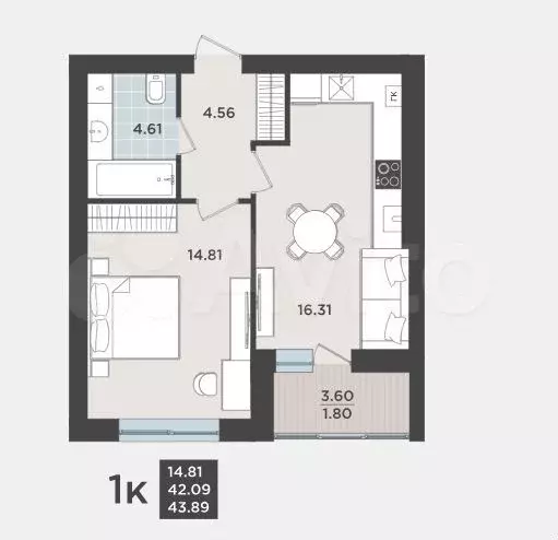 1-к. квартира, 42,1 м, 9/9 эт. - Фото 1