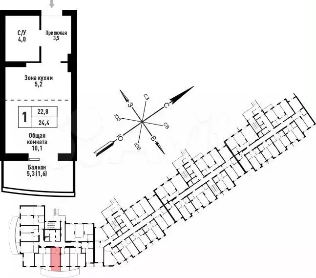 Квартира-студия, 24,7м, 10/25эт. - Фото 1