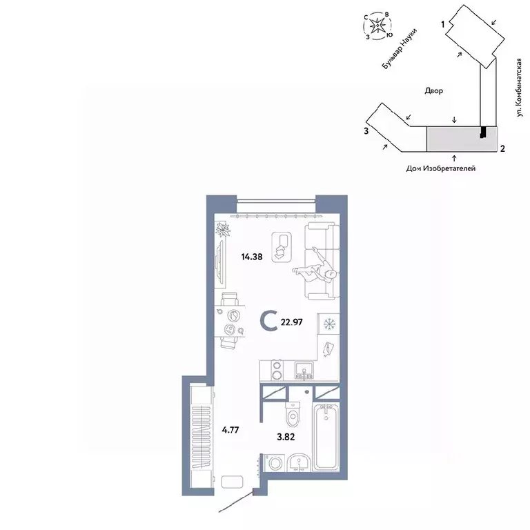 Студия Тюменская область, Тюмень Комбинатская ул., 16к1 (22.97 м) - Фото 0