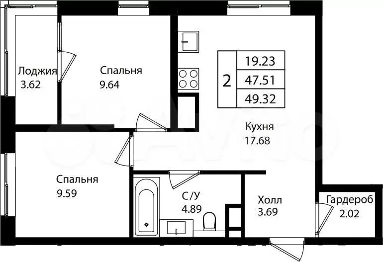 2-к. квартира, 49,3 м, 5/18 эт. - Фото 1