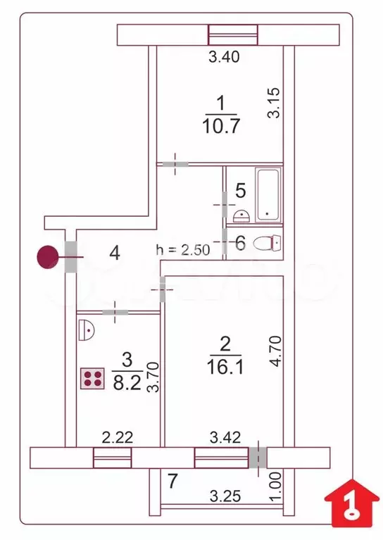 2-к. квартира, 49,5 м, 5/5 эт. - Фото 0