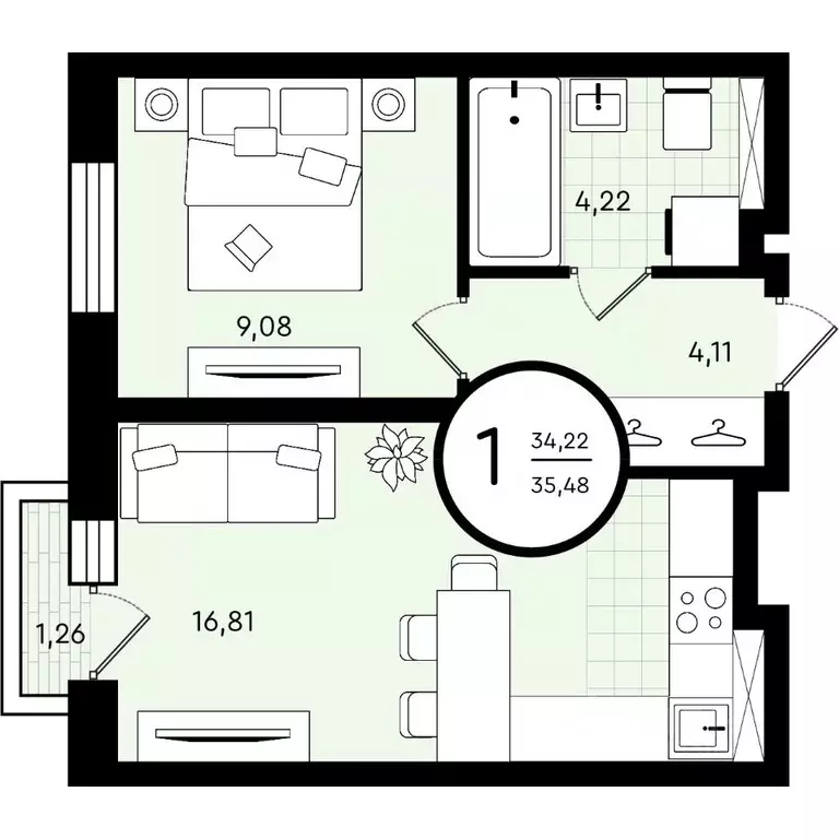 1-к кв. Тюменская область, Тюмень ул. Александра Звягина, 2 (35.48 м) - Фото 1