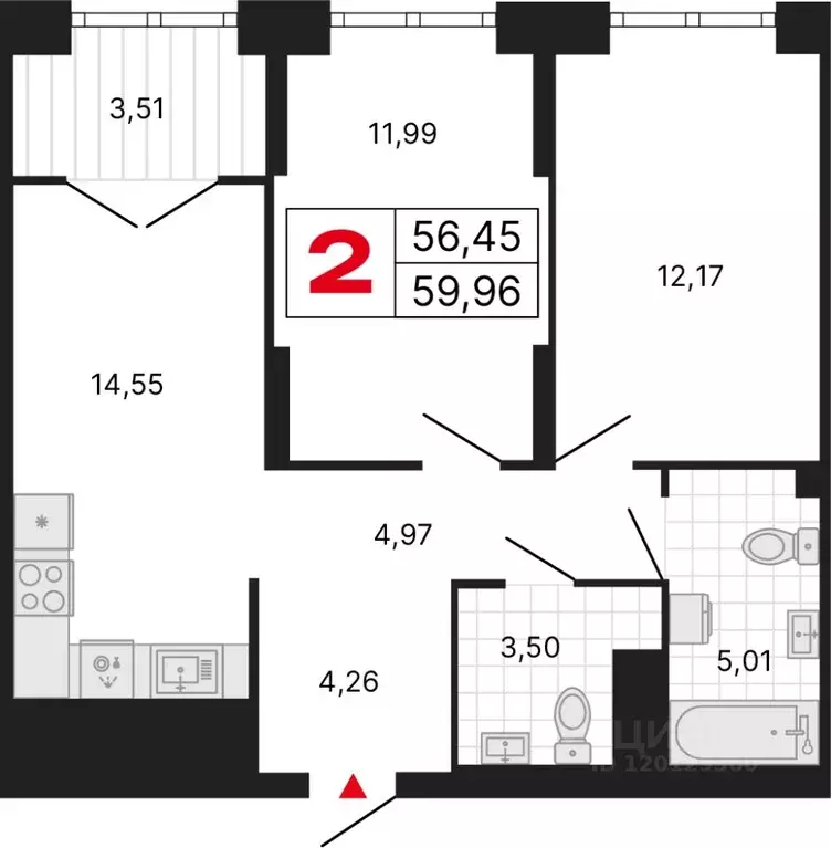2-к кв. Свердловская область, Екатеринбург ул. Студенческая, 1Нк4 ... - Фото 1