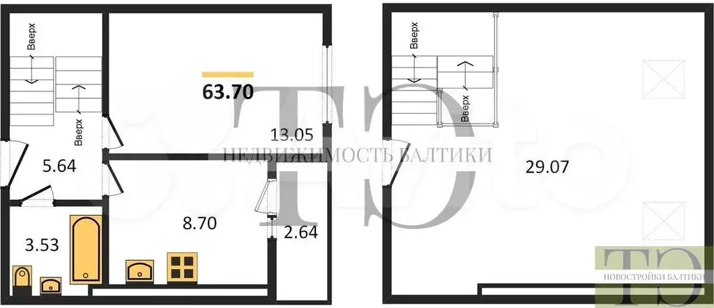2-к. квартира, 63,7 м, 6/6 эт. - Фото 0