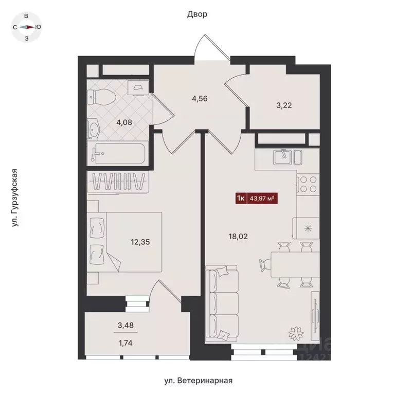 1-к кв. Свердловская область, Екатеринбург ул. Ветеринарная (45.24 м) - Фото 0
