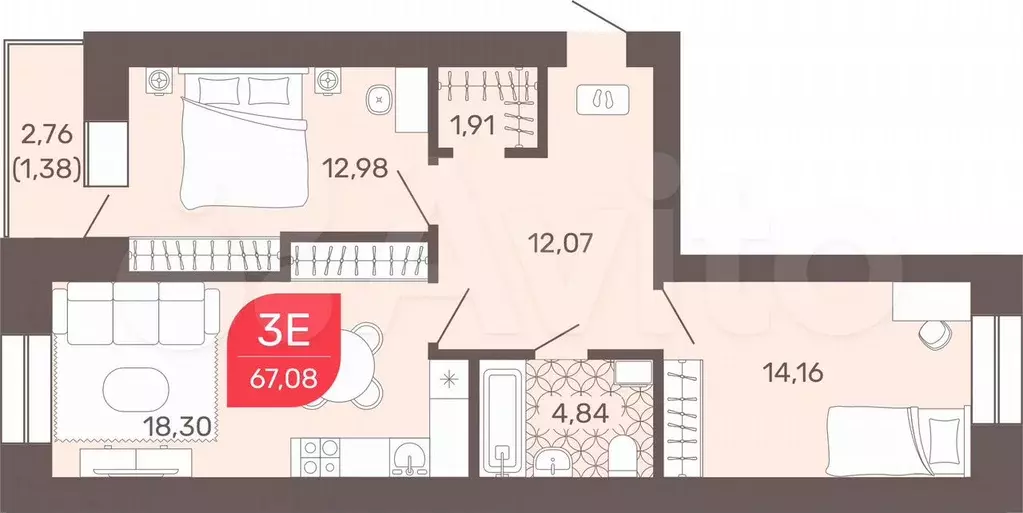 3-к. квартира, 67,1 м, 5/9 эт. - Фото 0