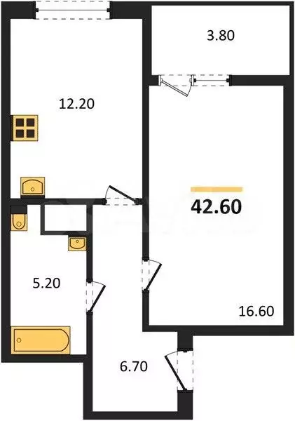 1-к. квартира, 42,6 м, 2/4 эт. - Фото 1