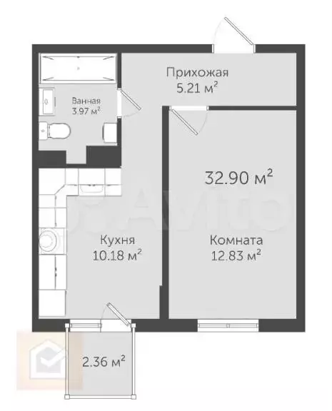 1-к. квартира, 32,9 м, 3/6 эт. - Фото 0