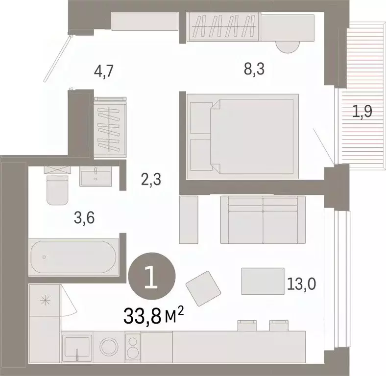 1-к кв. Тюменская область, Тюмень ул. Павла Фитина, 7 (33.76 м) - Фото 2
