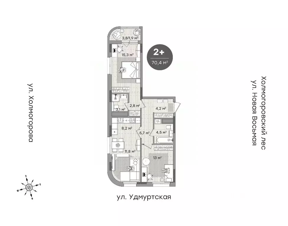 2-к кв. Удмуртия, Ижевск ул. Холмогорова, 107 (70.2 м) - Фото 0