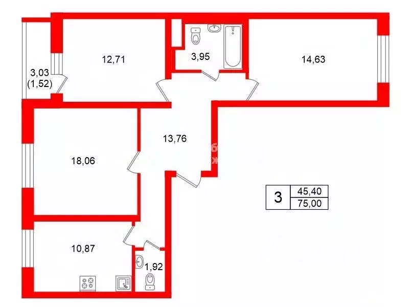 3-к кв. Санкт-Петербург Ленинский просп., 68 (75.0 м) - Фото 2