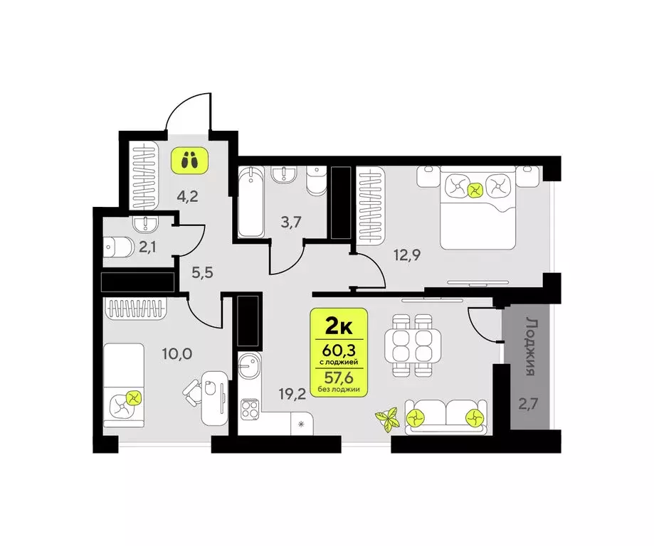 2-комнатная квартира: Тюмень, улица Андрея Приказнова, 1 (60.3 м) - Фото 0