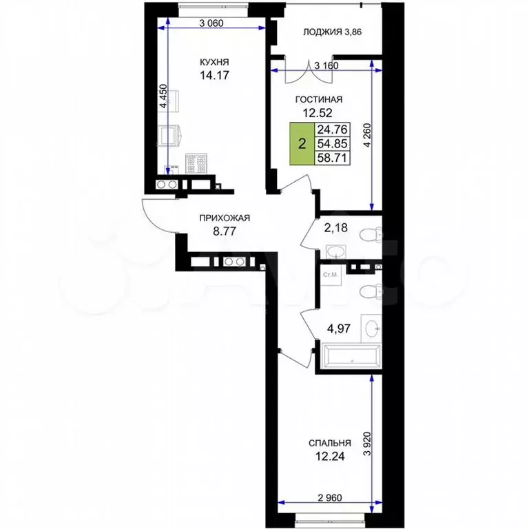 2-к. квартира, 58,7м, 7/7эт. - Фото 1