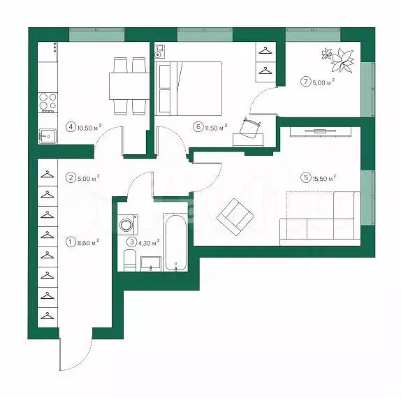 2-к. квартира, 57,9 м, 6/8 эт. - Фото 0